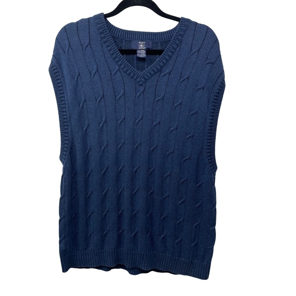 Vtg Hunt Club Mens XL Blue Cable Knit V Neck Sweater Vest Prep Academia Grandpa